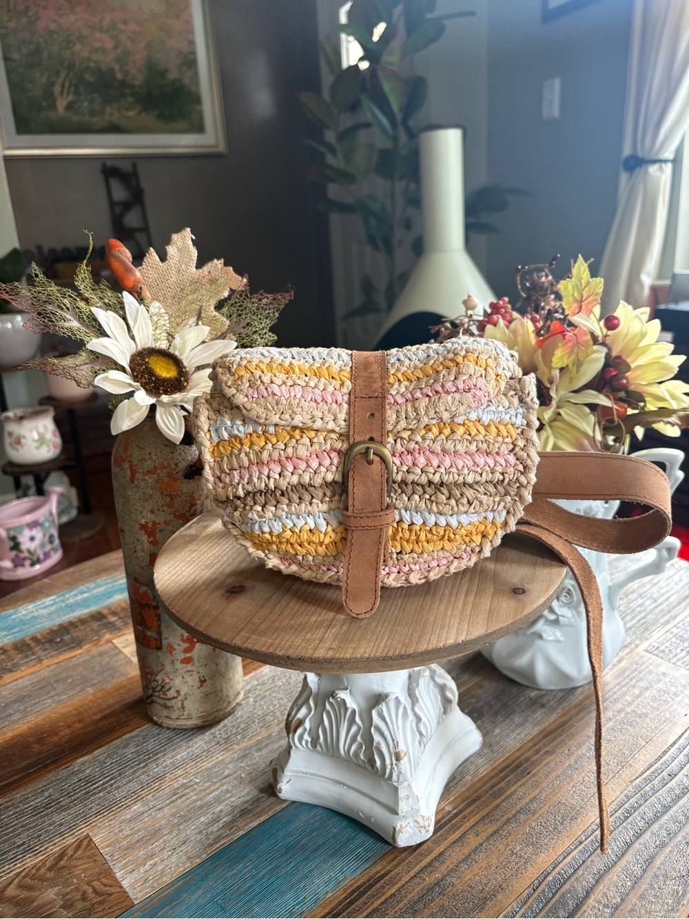 Anabaglish Raffia Crossbody Bag Pastel Stripe Leather Trim Boho Purse